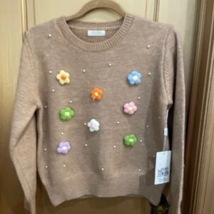 Floral Embellished Tan Sweater